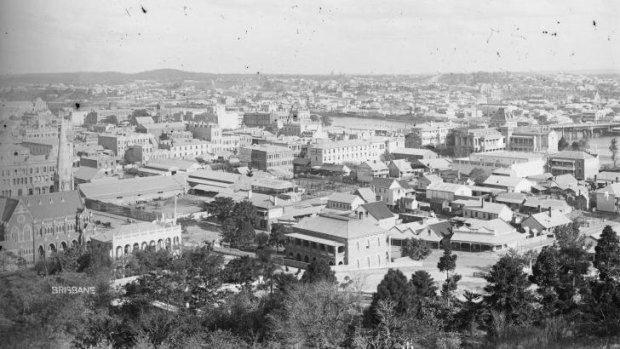 Brisbane, from the Windmill, 1895. Photo taken by Alfred Elliott and on display as part of the City of Brisbane Collection at Museum of Brisbane.