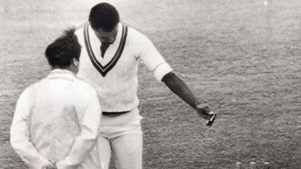 Age file pic P: Croft, Colin Date filed: 27 Feb 1980 Neg No: 1980-132 West Indian Colin Croft flips off the bails and confronts umpire Fred Goodall after being no-balled.