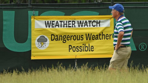 A weather watch sign is seen on the course during a practice round prior to the 2017 US Open at Erin Hills in Hartford, Wisconsin. 