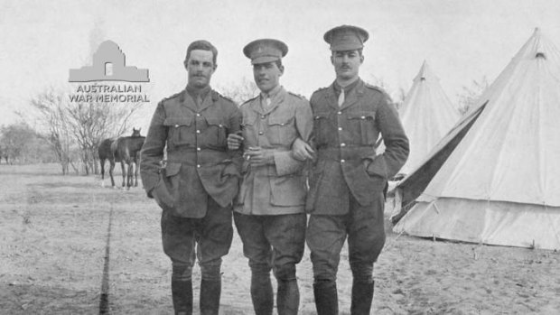 CLASSMATES: Lieutenant Cyril Albert Clowes (left) and his brother Lieutenant Norman Clowes (right) pose with E.L Vowles, who would go on to be commandant of Duntroon from 1945 to 1948.