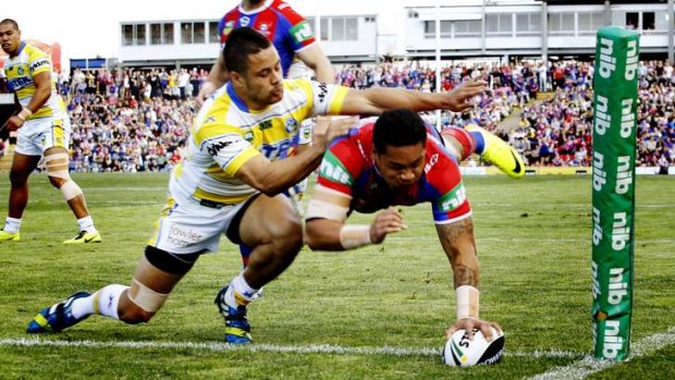 Hands on: Joey Leilua scored one of his two tries in the corner with a fine piece of athletic skill.