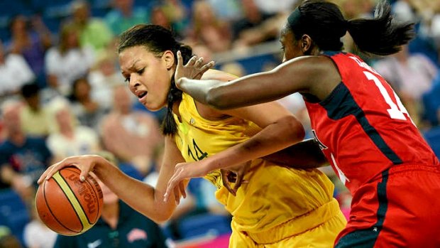 US centre Tina Charles (right) challenges Australian centre Elizabeth Cambage during the semi-final match.