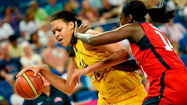 US centre Tina Charles (right) challenges Australian centre Elizabeth Cambage during the semi-final match.