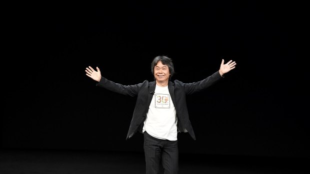 Nintendo's Shigeru Miyamoto appears on stage at the Apple event in California.