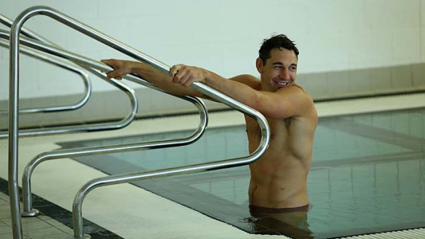 Waterproof: the Storm’s fullback Billy Slater, at a team recovery session on Friday, should have been charged with dangerous contact says former referees boss Bill Harrigan.
