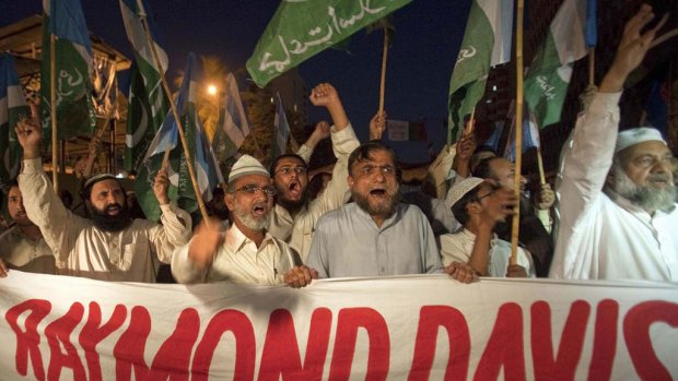 Justice ‘‘murdered’’ ... Jamaat-e-Islami supporters protest in Karachi against the release of the CIA security officer Raymond Davis.