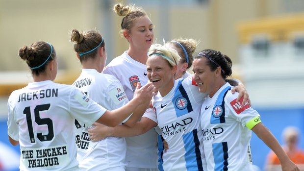 W-League premiers: Melbourne City's Kim Little celebrates after scoring the decisive goal against Brisbane Roar.