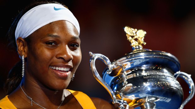 Serena Williams with the Daphne Akhurst Trophy after winning her fifth Australian Open.