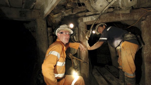Geologist John Cahill and miner Stephen Hawkes venture underground at Maxwells Mine.