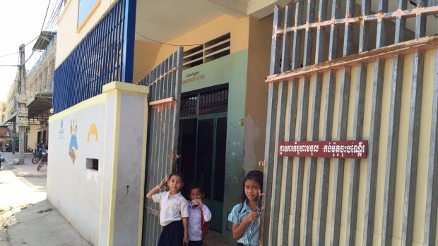 Children outside an orphanage in Phnom Penh.