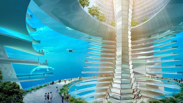 The new "floating city" will feature underwater hotels and a theme park.