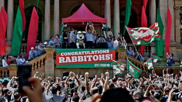 Pride of the league: South Sydney players at Town Hall on Thursday.