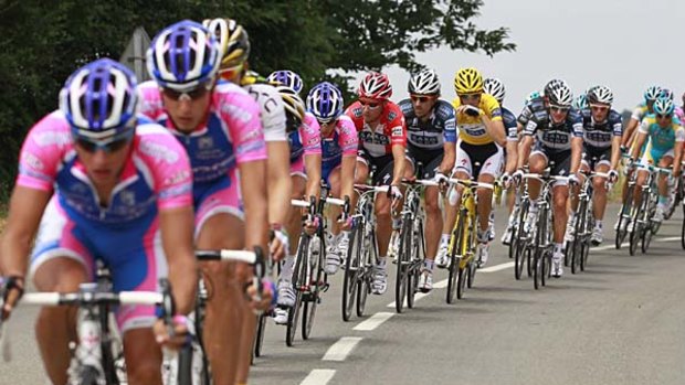 Riders of the Lampre team lead the pursuit of the peloton on the breakaway group.