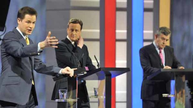 Liberal Democrat leader Nick Clegg, Conservative leader David Cameron and Prime Minister Gordon Brown take part in the first of Britain's leadership election debates at ITV studios in Manchester.