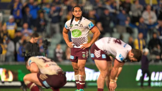 Key moment: Martin Taupau stands dejected after the game - a late penalty against him the difference. 