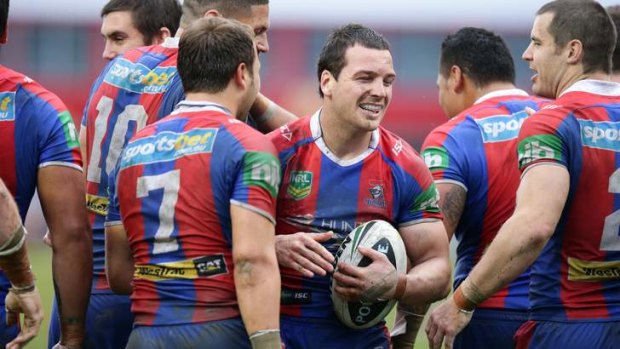Newcastle Knights during their 46-16 win over the Gold Coast Titans. Photo: Peter Stoop
