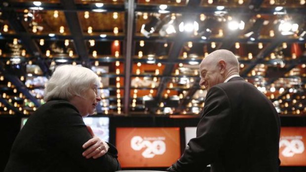 US Federal Reserve chair Janet Yellen meets Reserve Bank of Australia governor Glenn Stevens during the opening G20 session.