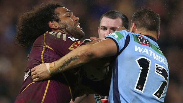 Hard yards &#8230; Sam Thaiday on the charge for the Maroons.