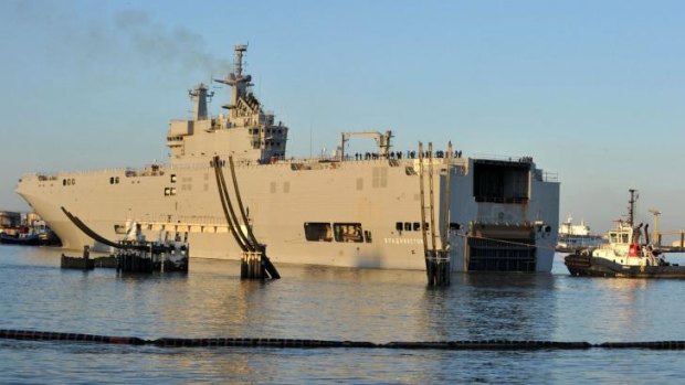 A Mistral class LHD amphibious vessel ordered by Russia from France on trial in western France.