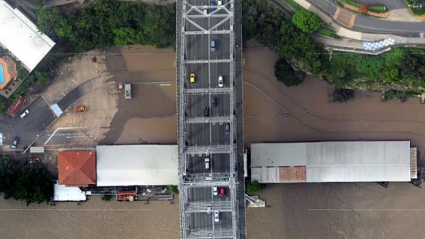 An aerial view of Howard Smith Wharves during the flood in January last year.