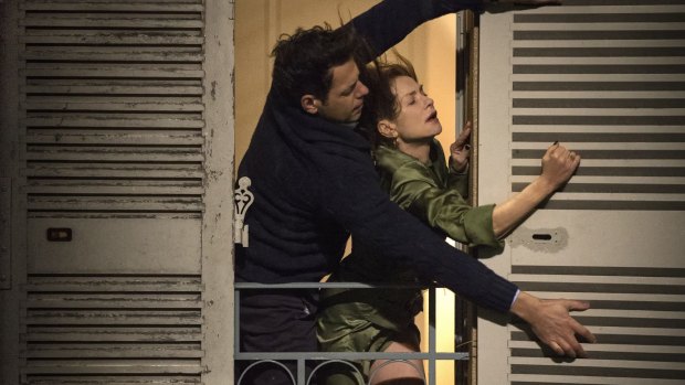 Isabelle Huppert and Laurent LaFitte in <i>Elle</i>.