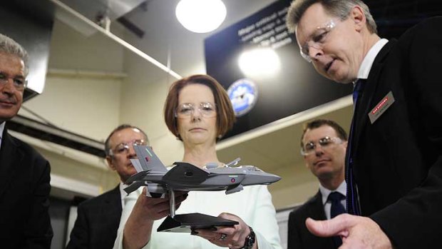 Winging it  ... Julia Gillard at  the BAE systems factory in Adelaide.