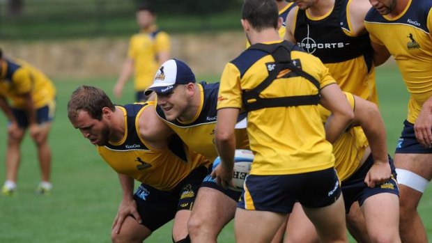 Brumbies player Nic White feeds the ball  into the scrum   including hooker  Stephen Moore , centre, at training at Griffith Oval.
