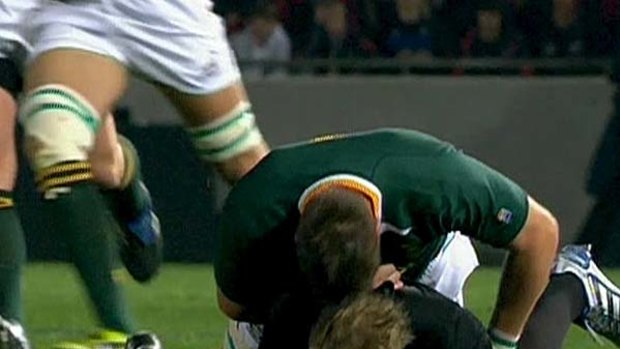 Bakkies' butt . . . Springbok lock Bakkies Botha earned a nine-week ban for this head butt on Jimmy Cowan.
