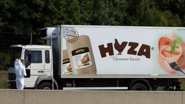 Police investigates a truck that  stands on the shoulder of the highway south of Vienna, Austria, 