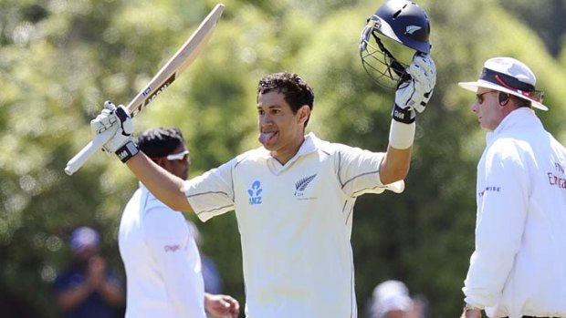 Ross Taylor acknowledges the applause after reaching his double century on the second day of the first Test in Dunedin on Wednesday.