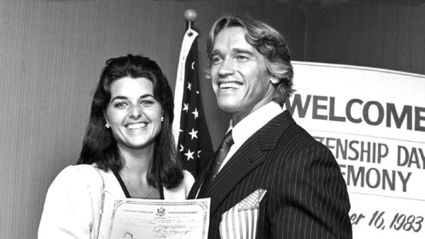 Long-term relationship ... Arnold Schwarzenegger poses with his then-girlfriend Maria Shriver while accepting his US citizenship on September 16, 1983.
