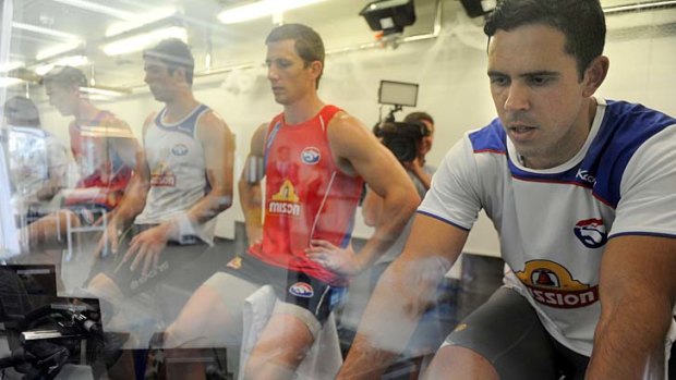 Bulldog's newest recruit Brett Goodes (right), on the bikes during altitude training at Victoria Unversity.