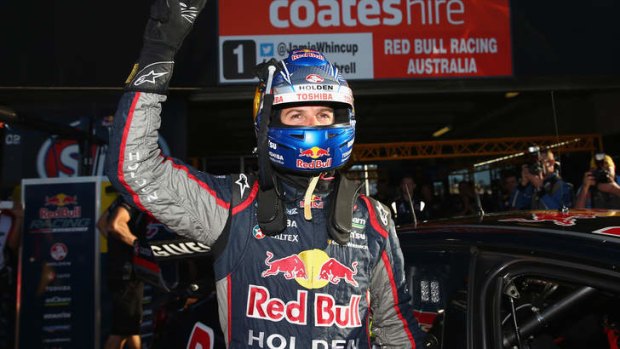 Jamie Whincup of Red Bull Racing Australia Holden celebrates after taking pole position after the Top 10 Shootout for the Bathurst 1000.