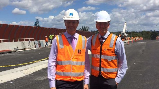 Lord Mayor Graham Quirk and Transport Minister Scott Emerson at the Geebung rail overpass.