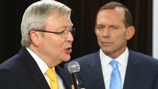 Kevin Rudd and Tony Abbott square off at the Broncos Leagues Club.