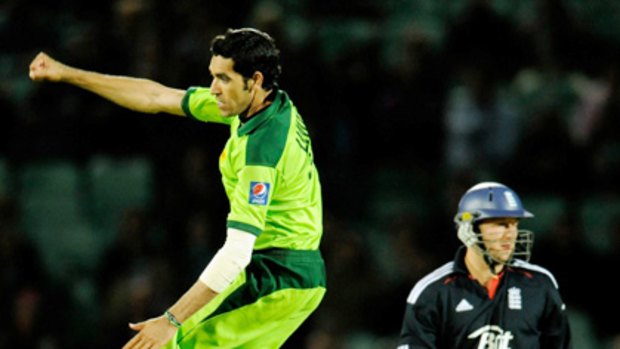 Another victim ... Pakistan's Umar Gul celebrates after bowling England's Tim Bresnan.
