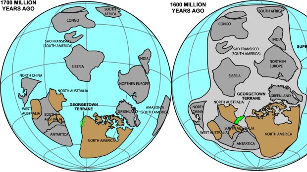 Reconstruction of the Nuna supercontinent showing the origin of Georgetown in relation to North America and Australia.