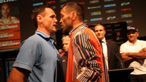 Face-off: Daniel Geale and Anthony Mundine shoot the breeze on Monday.