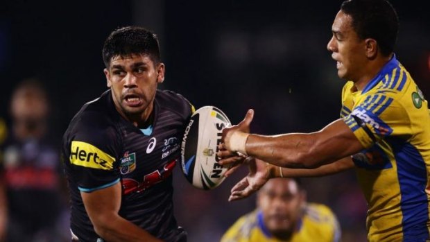 Off night: Penrith's Tyrone Peachey outpaced Will Hopoate twice to score on Friday.