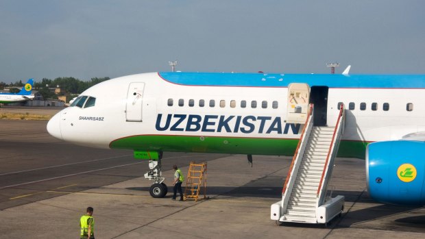 Uzbekistan Airways plane at Tashkent Airport.
