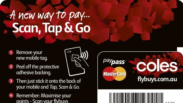 The Coles credit card Pay Tag sticker to be peeled off and attached to a phone - the barcode is for FlyBuys.