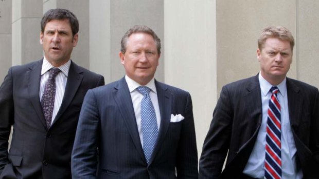 Andrew Forrest (centre), Mike Young (left) and Dave Flanagan at Parliament yesterday.