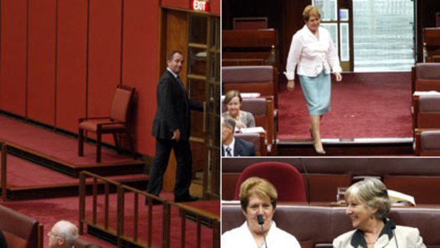 Barnaby Joyce leaves the Senate chamber after the ETS vote, left, and Liberal Judith Troeth, top right, crosses the floor to vote with Sue Boyce, bottom right, in support of the bill.