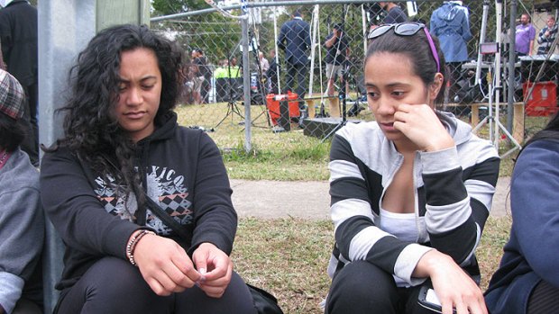 Adelle Fitisemanu and Rose Tuala at the scene of the fire yesterday.