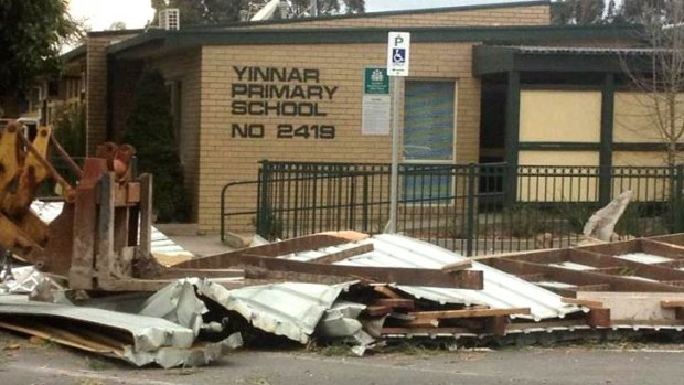 Reader Wendy Mitchell sent us this photo of damage at Yinnar Primary School in Victoria's east. She wrote: "This was taken by my sister yesterday after the roof came off the local bowling club in Yinnar. Fortunately the school was closed due to the teachers strike!".