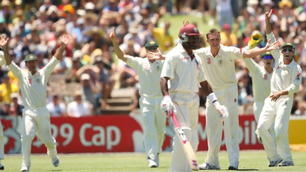 Australia's Doug Bollinger appeals for the wicket of Shivnarine Chanderpaul yesterday. The West Indian was later dismissed in controversial circumstances.