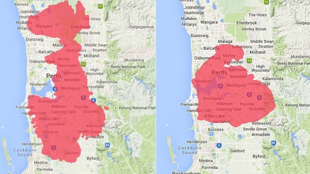 These maps - overlaying fire areas over the metropolitan area - show the sheer scale of blazes in Northcliffe (left) and Boddington earlier in the year.