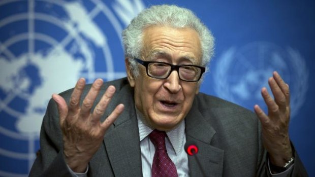 Frustration: UN mediator for Syria Lakhdar Brahimi gestures during a press briefing at the Syrian peace talks in Geneva.