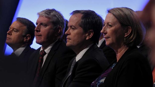 Bill Shorten (centre) listens to Prime Minister Kevin Rudd alongside Joel Fitzgibbon, Brendan O'Connor and Sharon Bird.