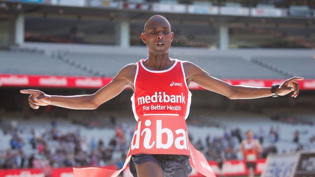 Breaking the tape: Kenya's Isaac Birir takes out the men's race.